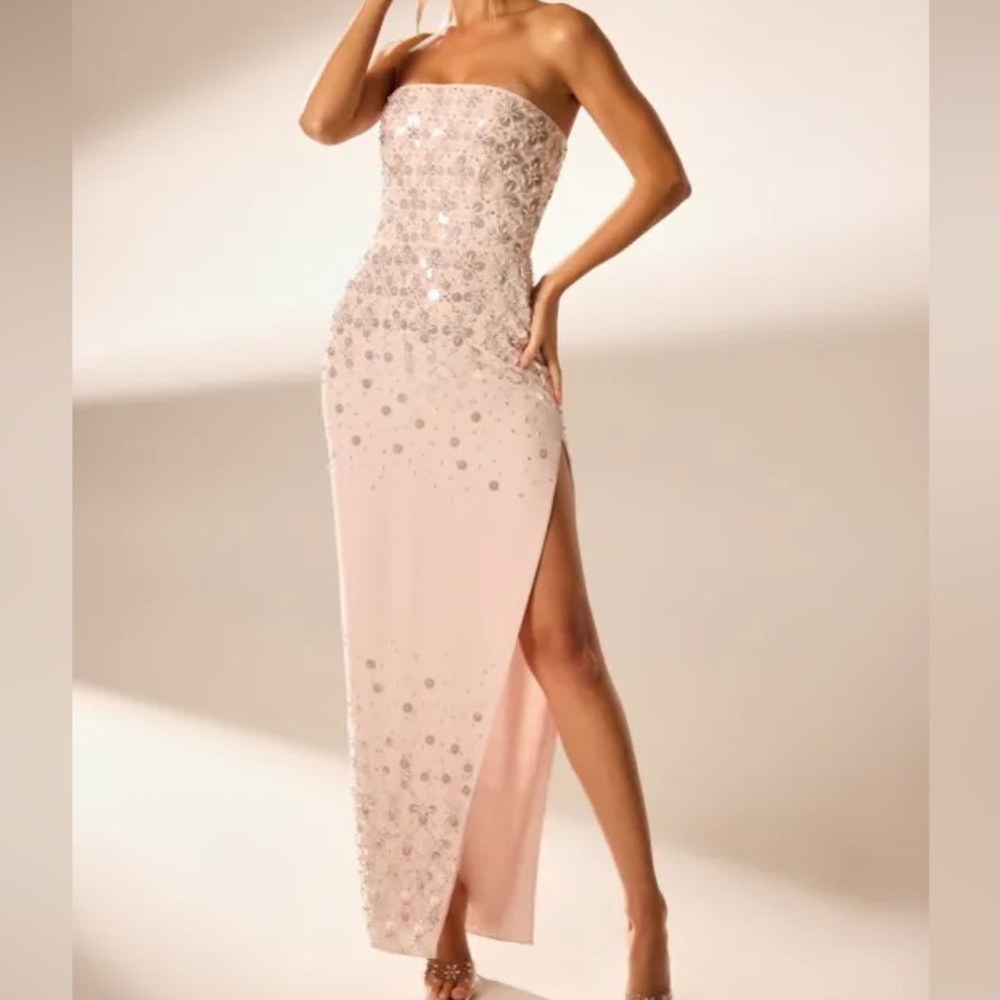 NWT Oh Polly Elegant Strapless Pink Embellished Maxi Dress
